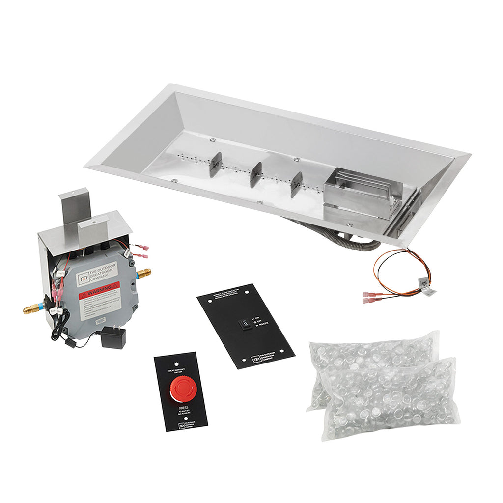 Linear crystal fire pit burner kit with electronic ignition module and wiring