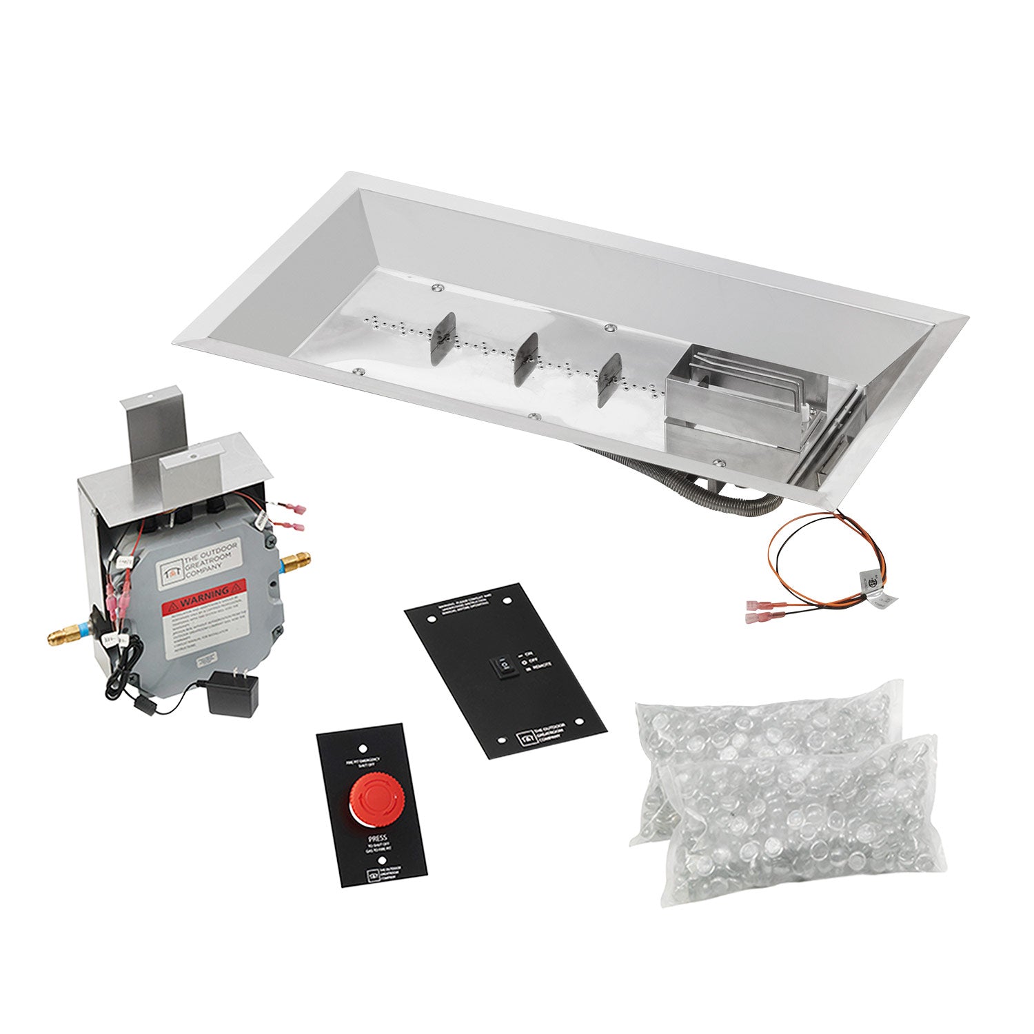 Linear crystal fire pit burner kit with electronic ignition module and wiring