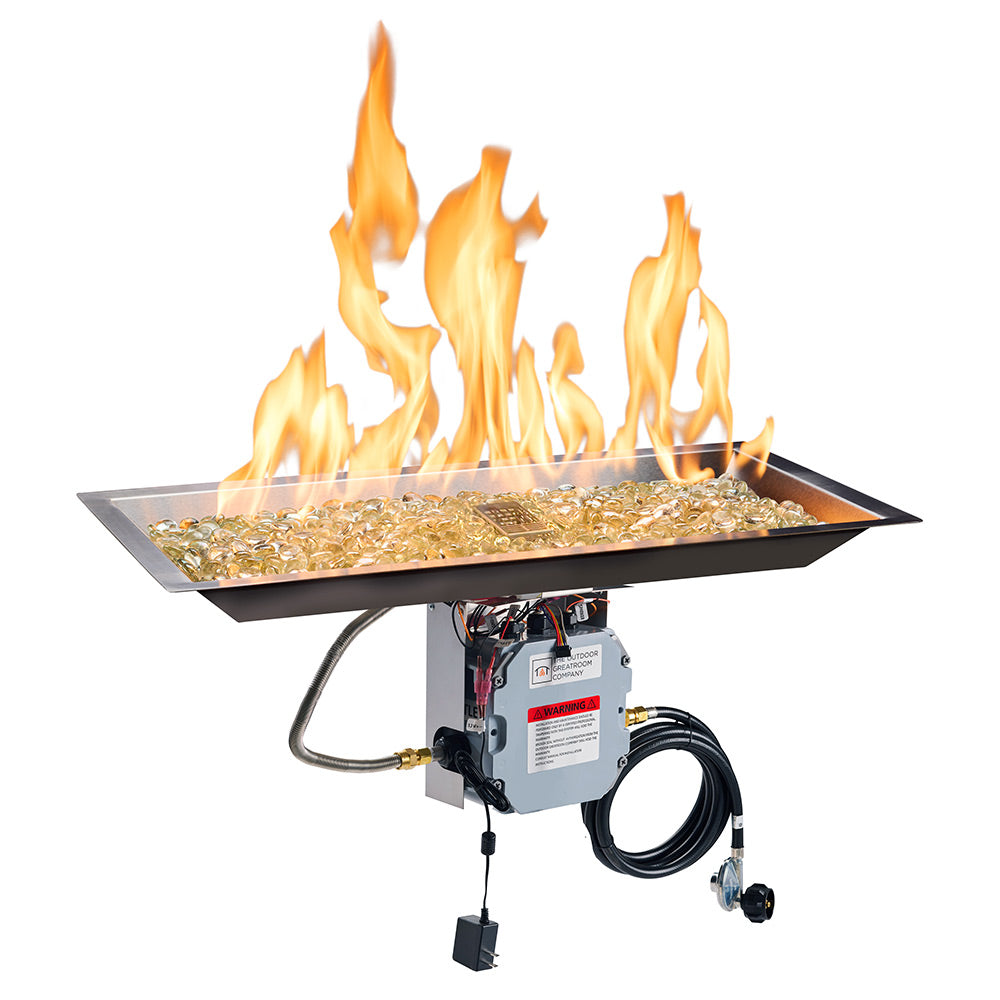 Linear gas fire pit burner with flames over clear glass crystals and electronic ignition unit
