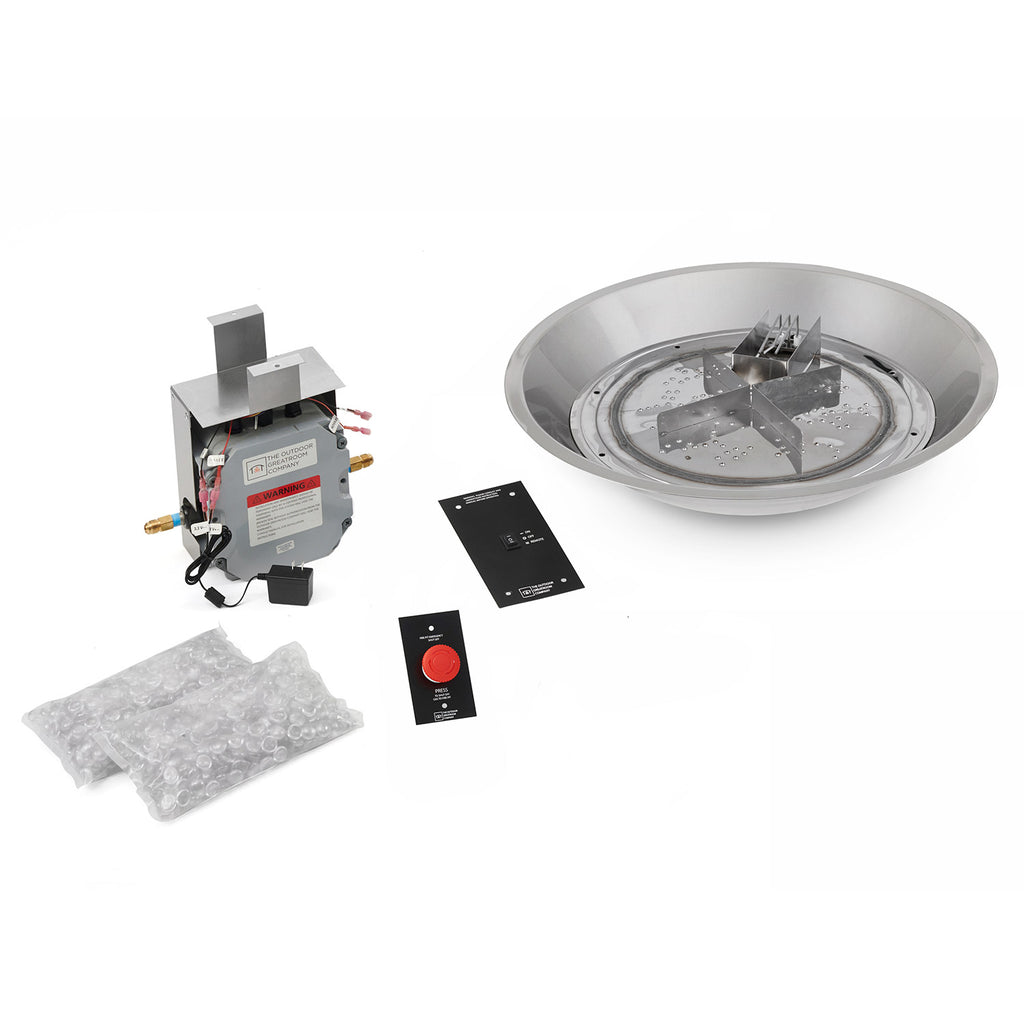 Fire pit burner kit with round metal bowl pan and electronic ignition components