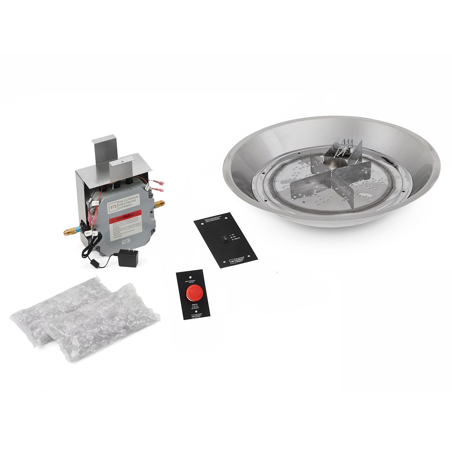 Fire pit burner kit with round metal bowl pan and electronic ignition components