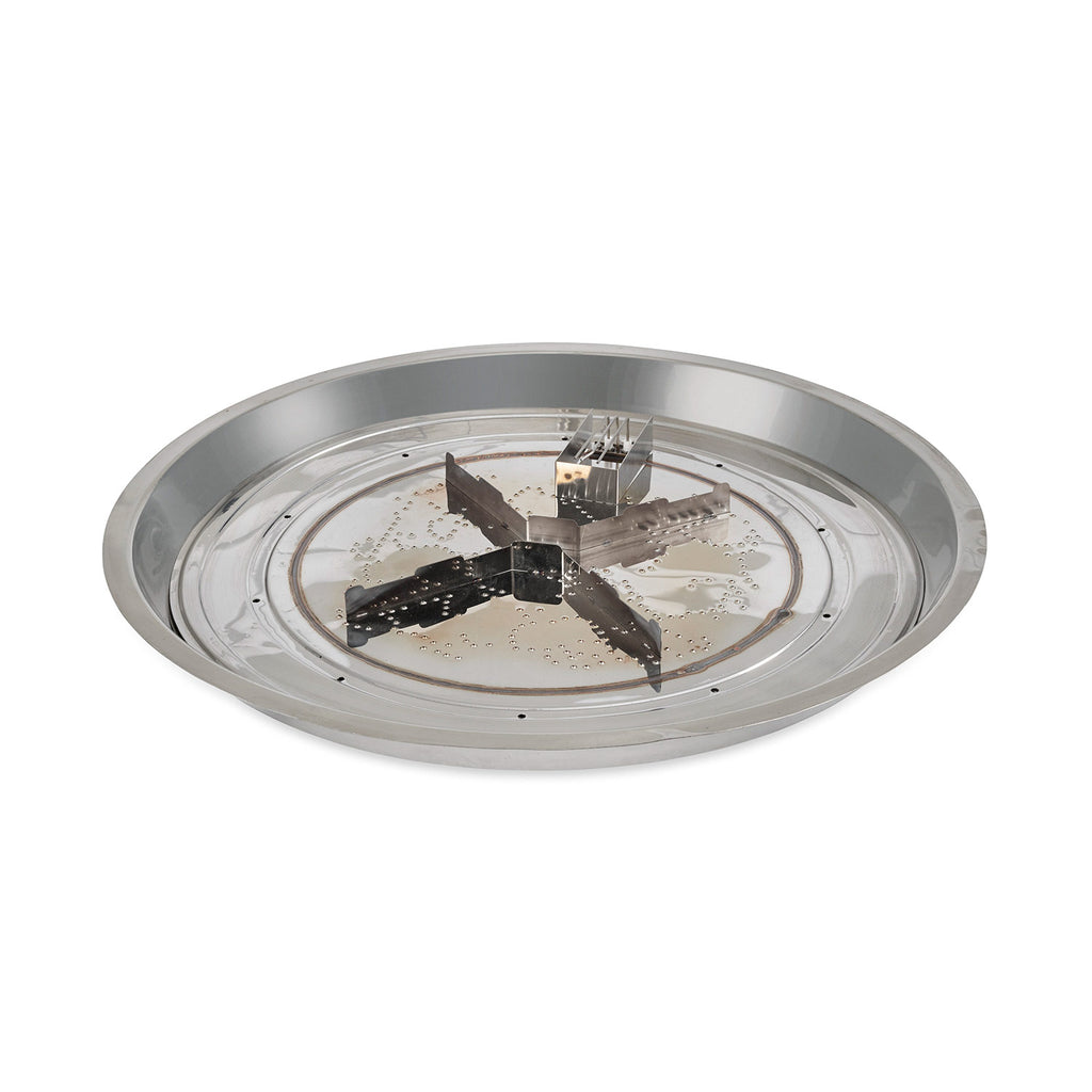 Round metal burner pan with four-lobed burner head and electronic ignition mechanism