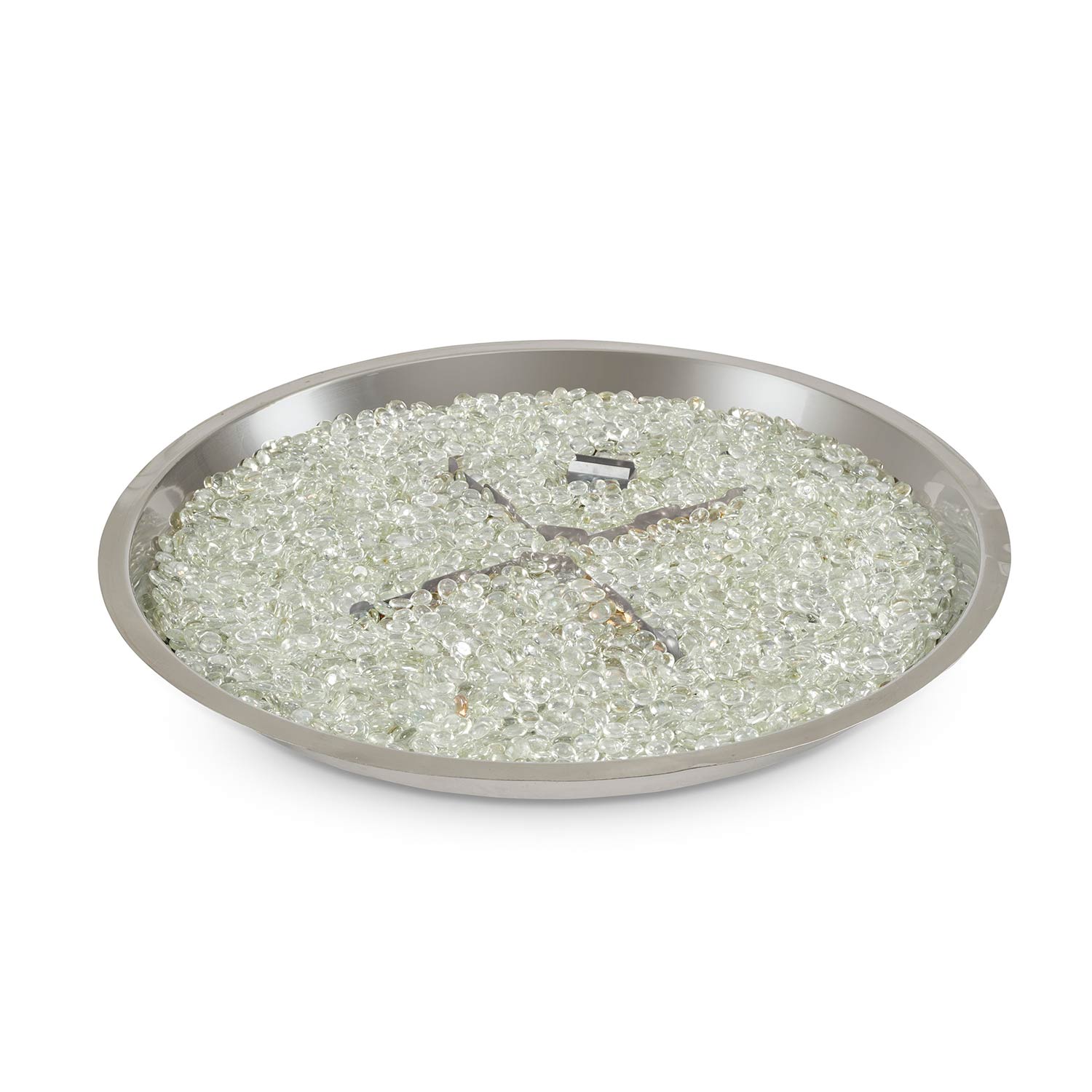 Round fire pit burner kit filled with clear glass fire crystals and metal center