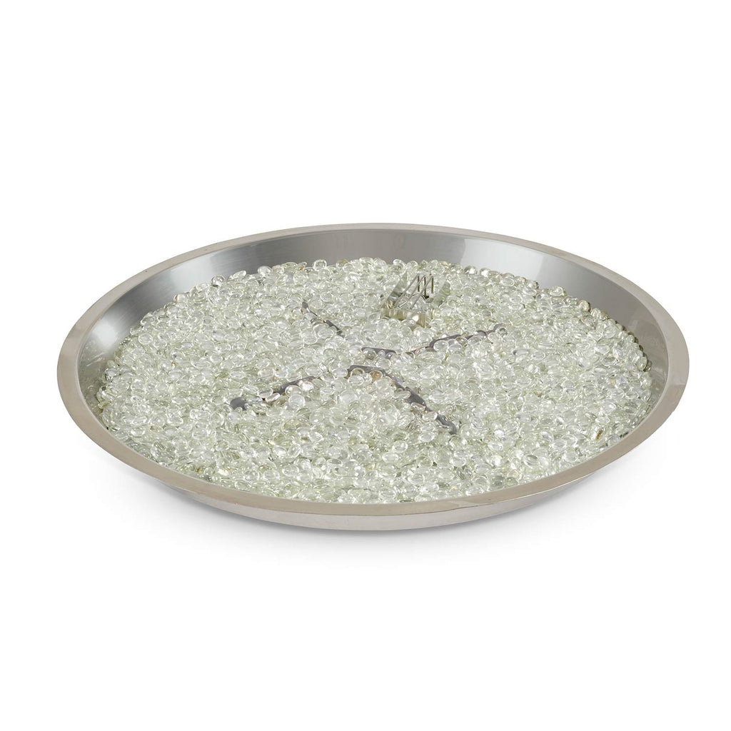 Glass fire glass crystals in round metal fire pit burner pan with burner grate