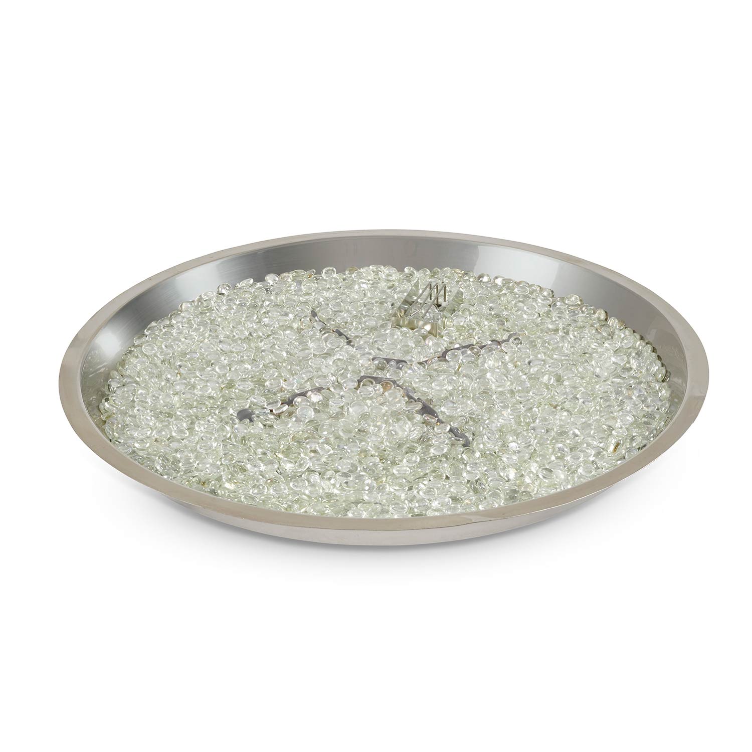Glass fire glass crystals in round metal fire pit burner pan with burner grate