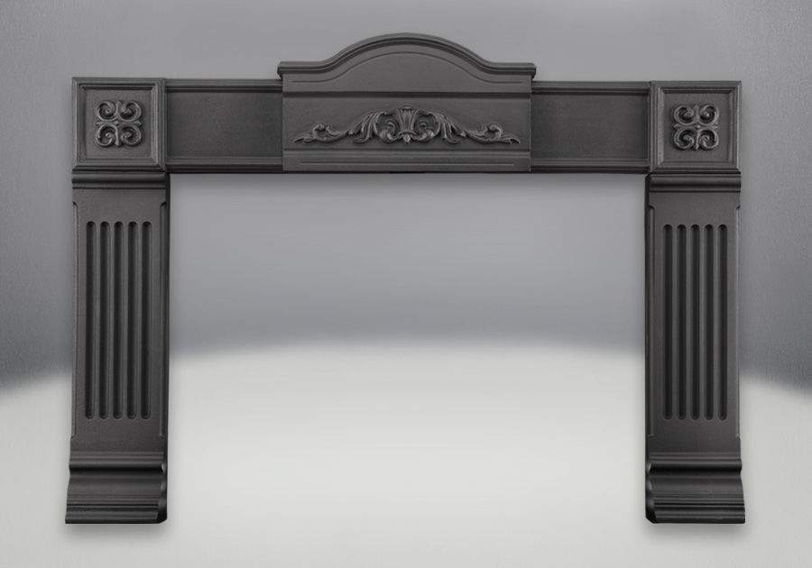 Black cast iron fireplace surround kit with decorative top and side panels