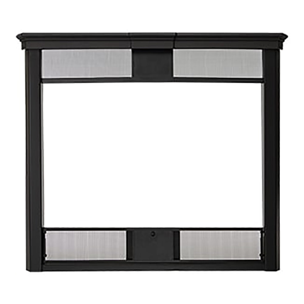 Black transitional fireplace front with glass viewing panel and metal trim frame