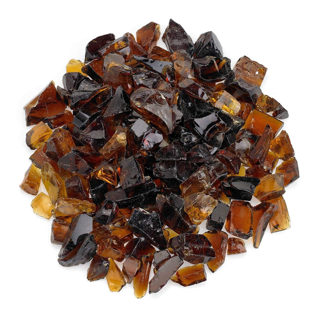 Auburn recycled fire pit glass shards: amber, dark black, and red chunks