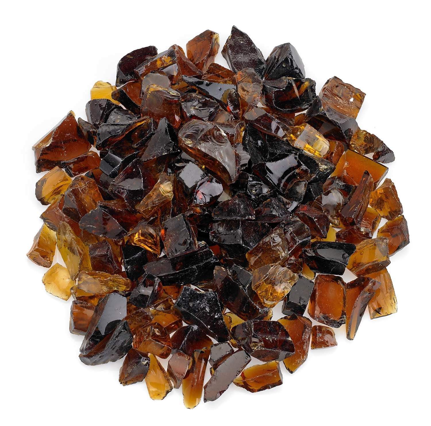 Auburn recycled fire pit glass shards: amber, dark black, and red chunks