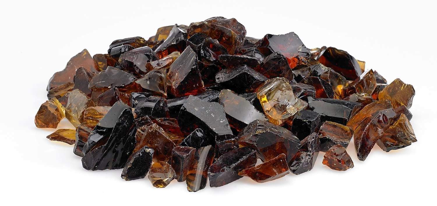 Recycled fire pit glass shards in dark black with amber and red pieces