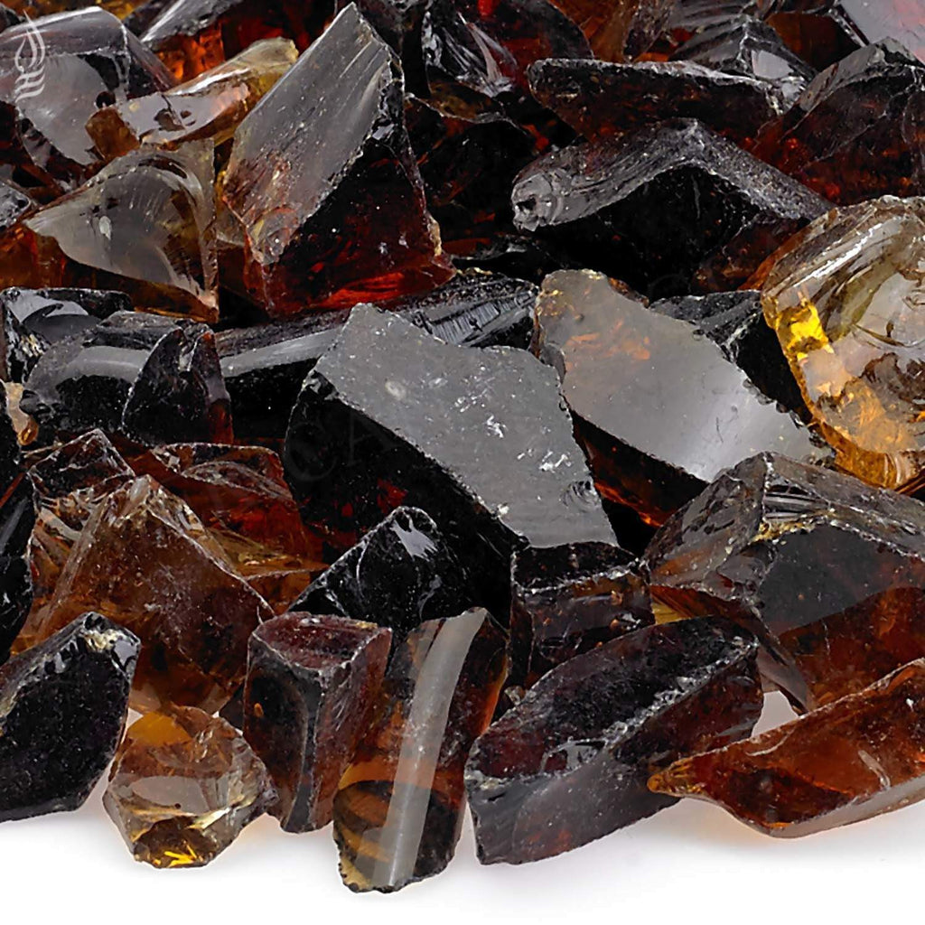 Recycled fire pit glass shards in black, amber, and smoky gray pieces