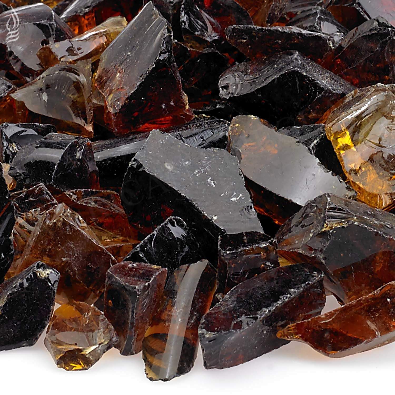 Recycled fire pit glass shards in black, amber, and smoky gray pieces