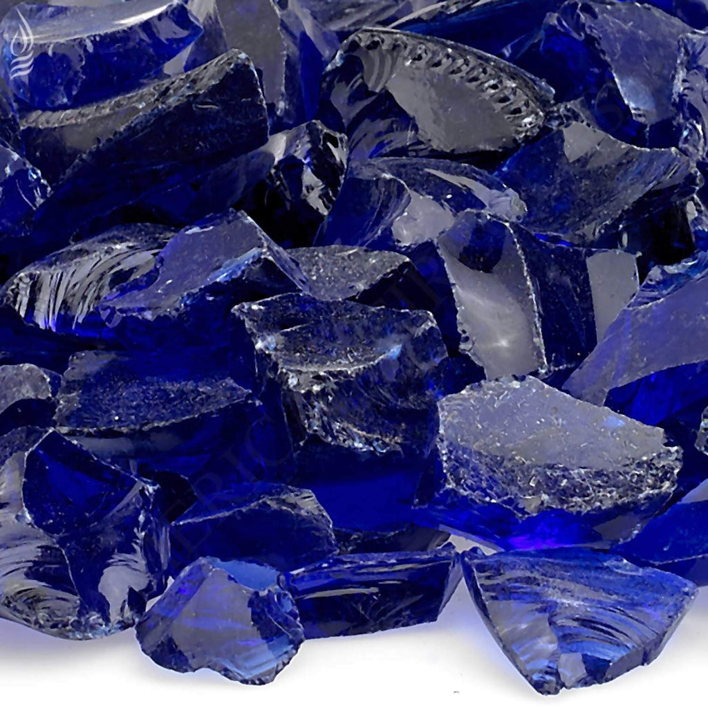 Dark blue recycled fire glass chunks, close-up of cut glass pieces