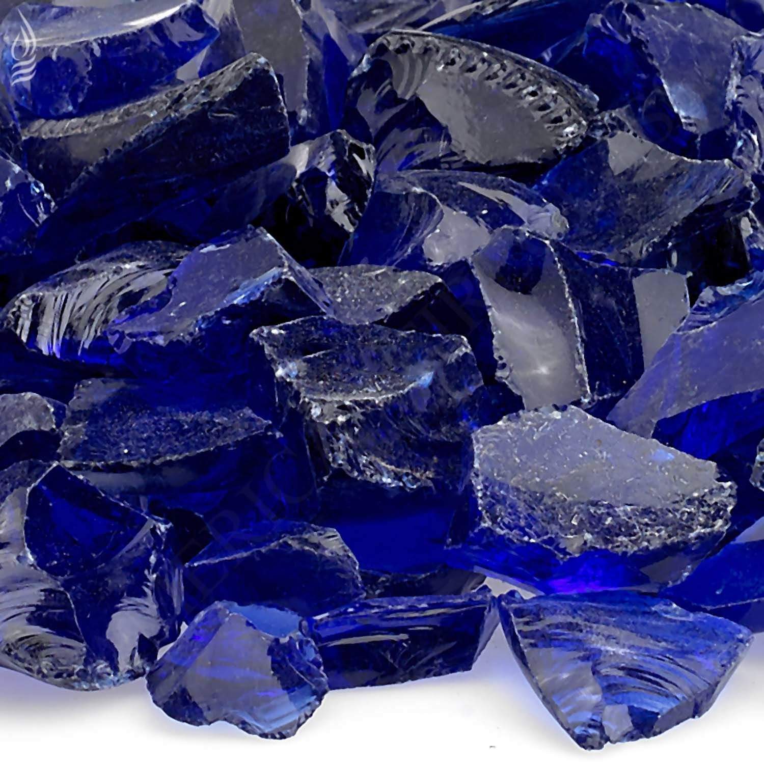 Dark blue recycled fire glass chunks, close-up of cut glass pieces