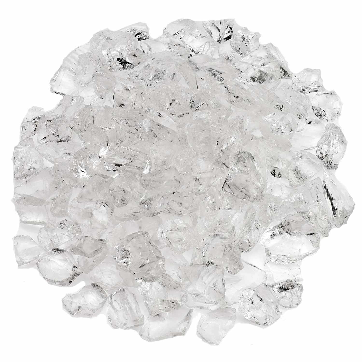 Clear ice-toned recycled fire glass chunks, irregular stone-like pieces.