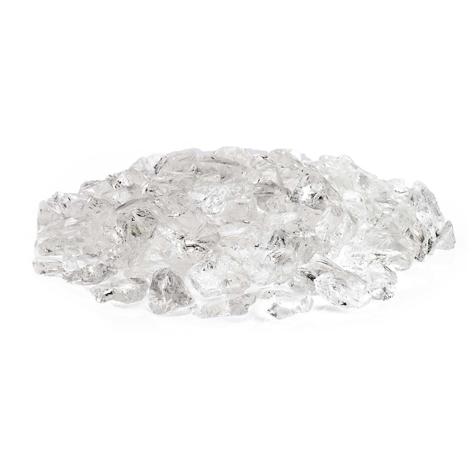 Clear ice-toned recycled fire glass chunks spread out, irregular pieces.