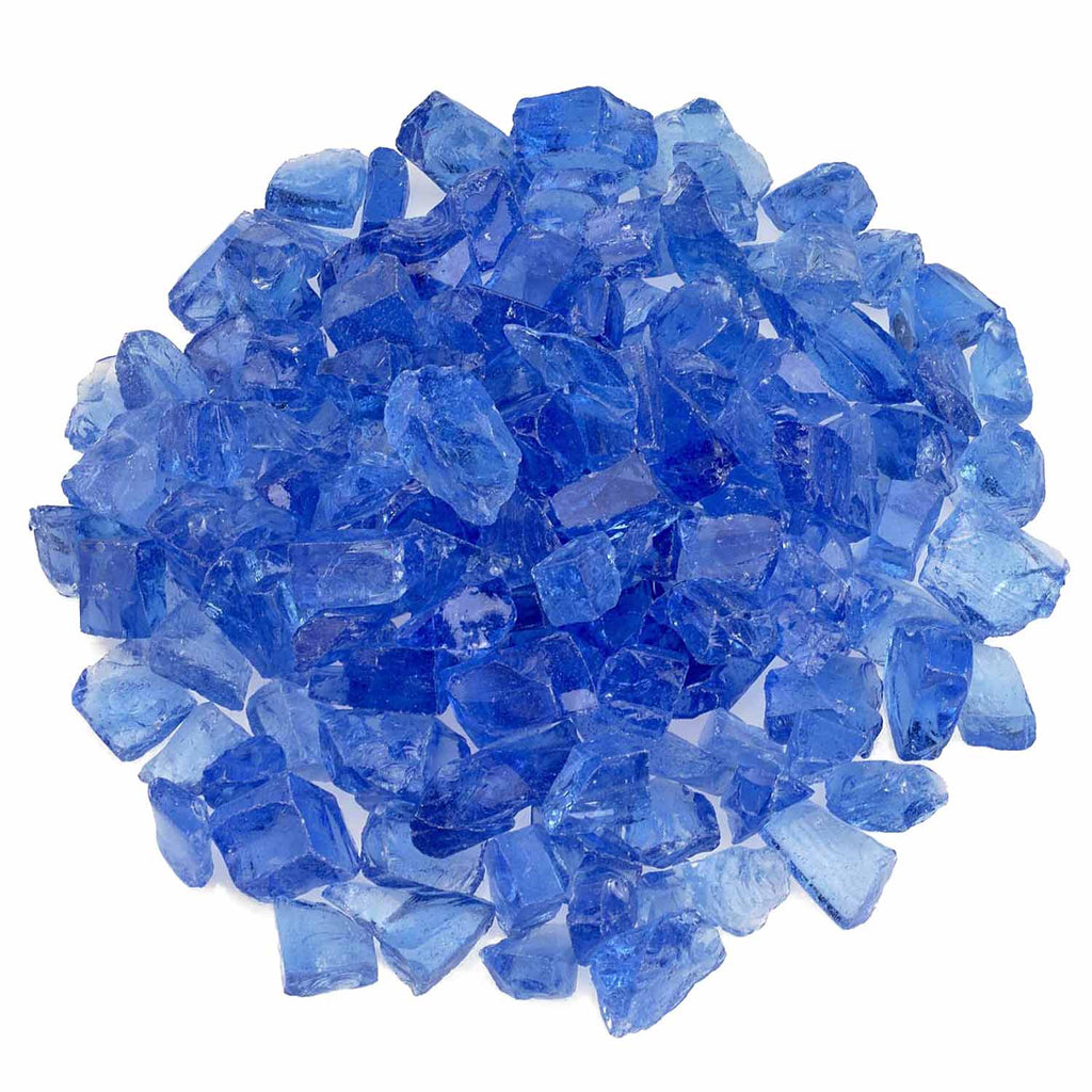 Light blue recycled fire pit glass chunks, faceted angular pieces