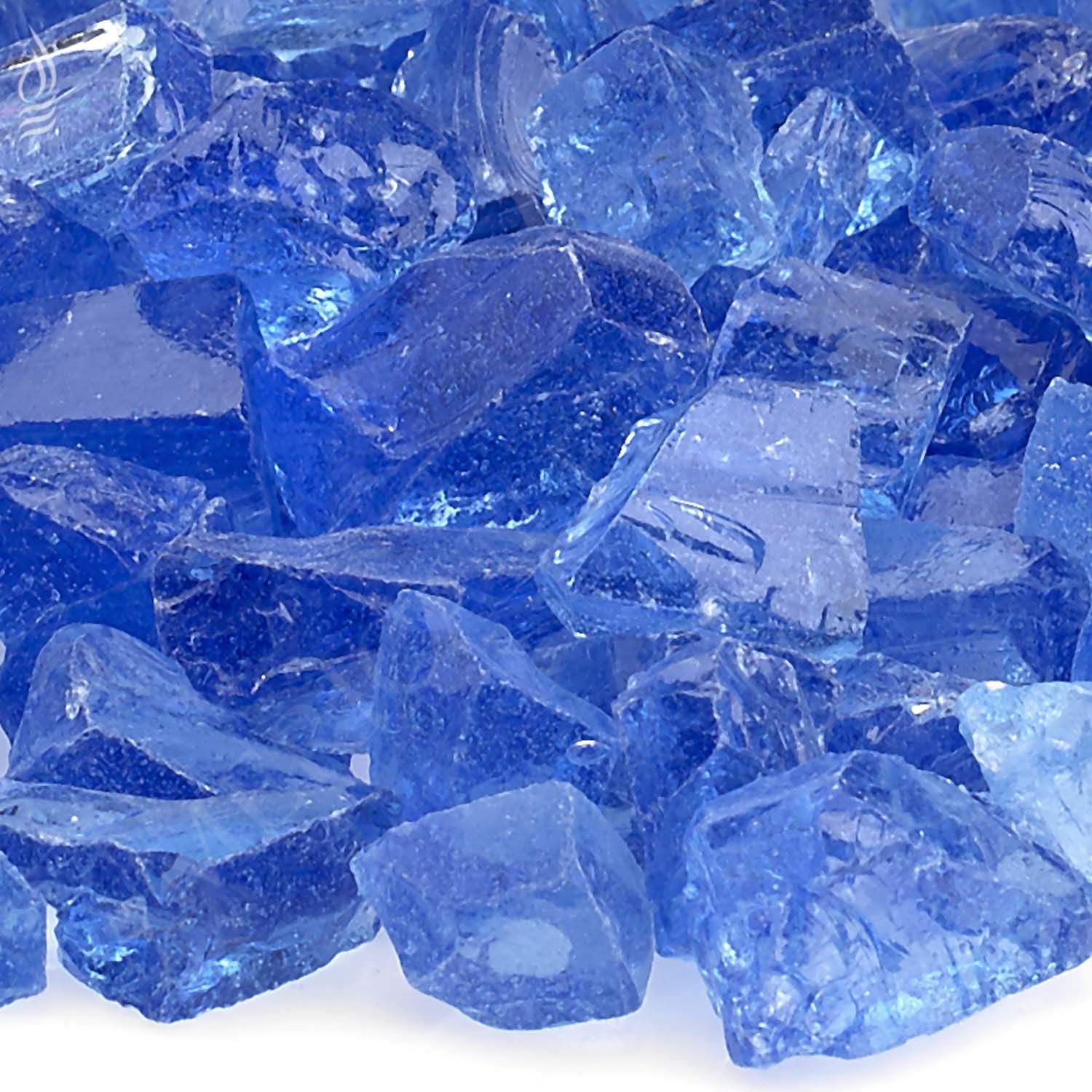 Light blue recycled fire pit glass chunks with sharp facets