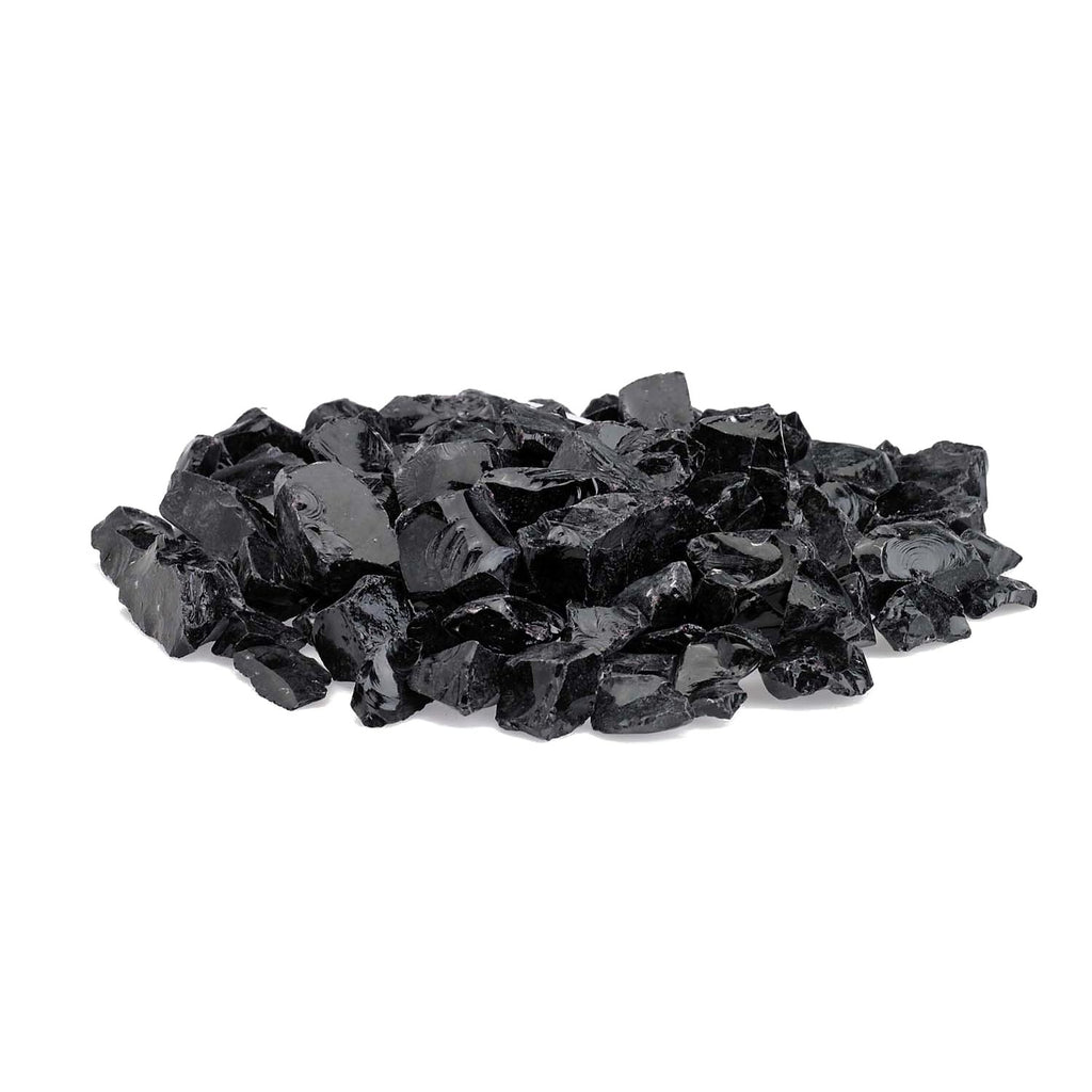 Black recycled fire glass chunks, uneven 3/4-inch pieces for fire pits