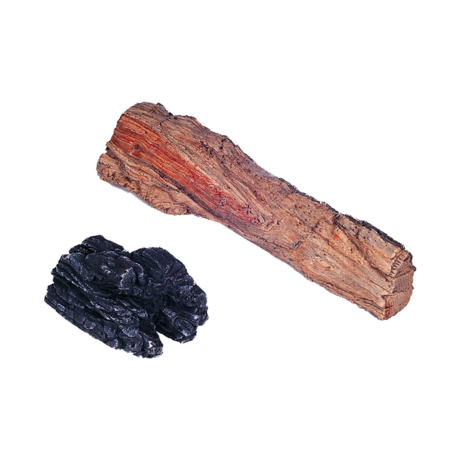 Charred wood chunk kit: long red-brown log chunk and dark navy charred pieces