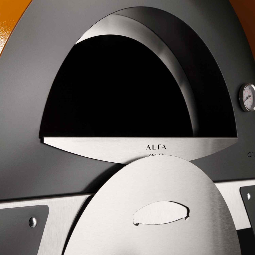 Pizza oven front dome with stainless deck and centered oven opening