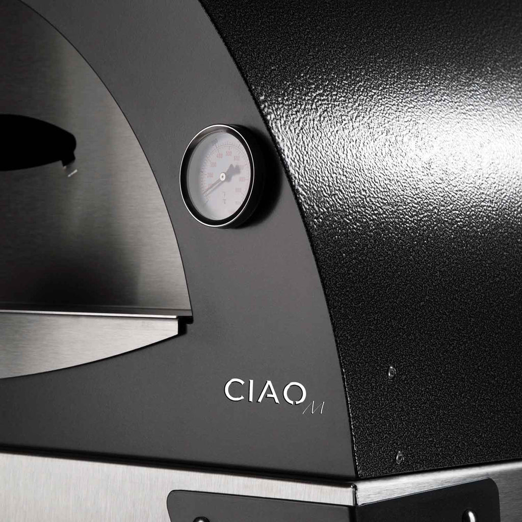 Pizza oven control gauge on black side panel with stainless front shelf