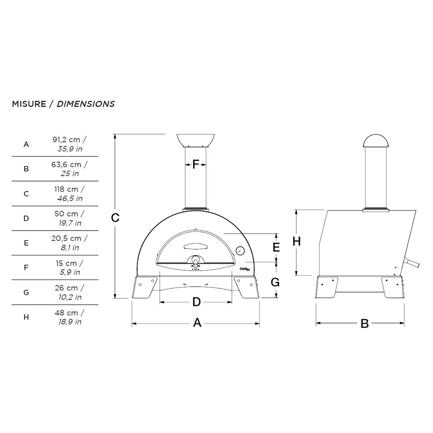Pizza oven dimensions diagram with labeled front and side views