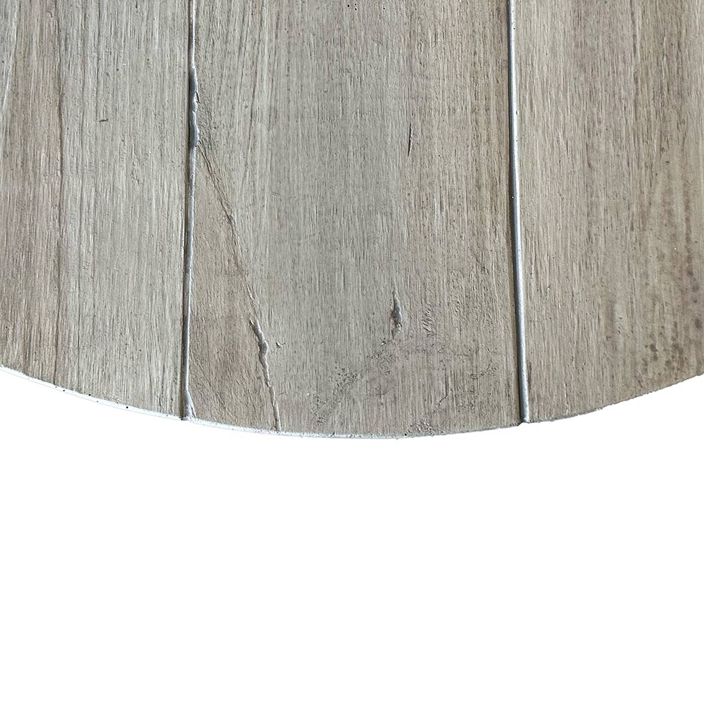 Round wood-look fire pit tabletop edge with recessed burner opening