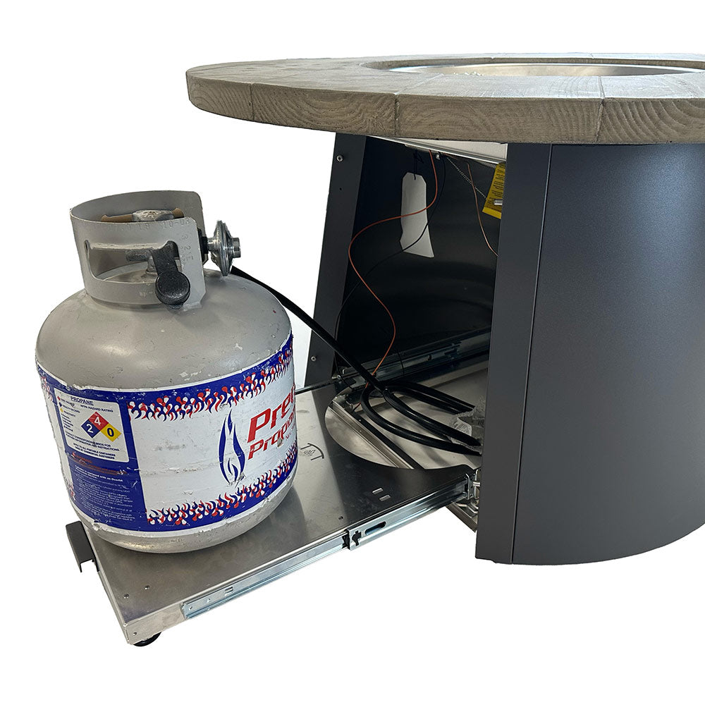 Gas fire pit burner assembly with propane tank and ignition parts beneath wood-look top