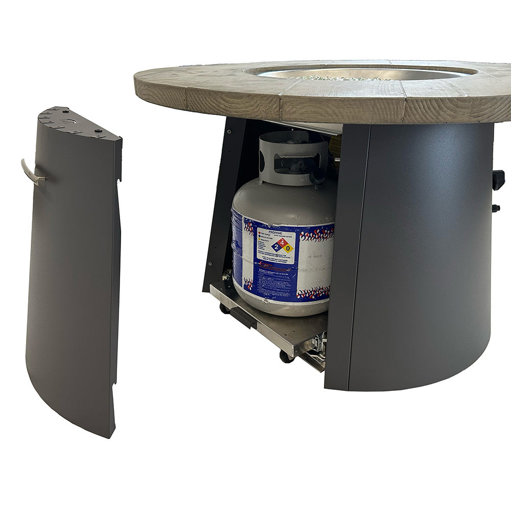 Gas fire pit table with side access open, showing propane tank and burner under top