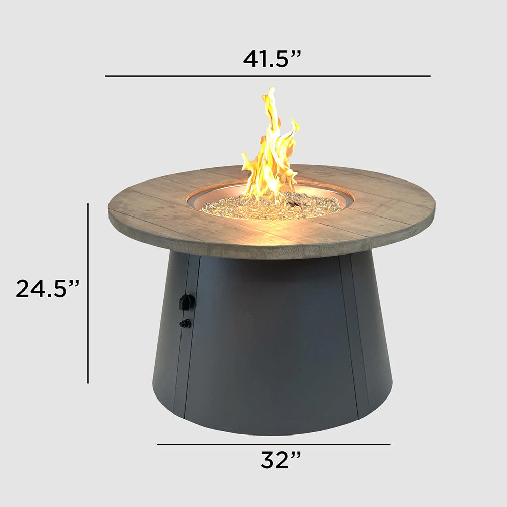 Round gas fire pit table, 32 in wide and 24.5 in high, wood-look top with flame