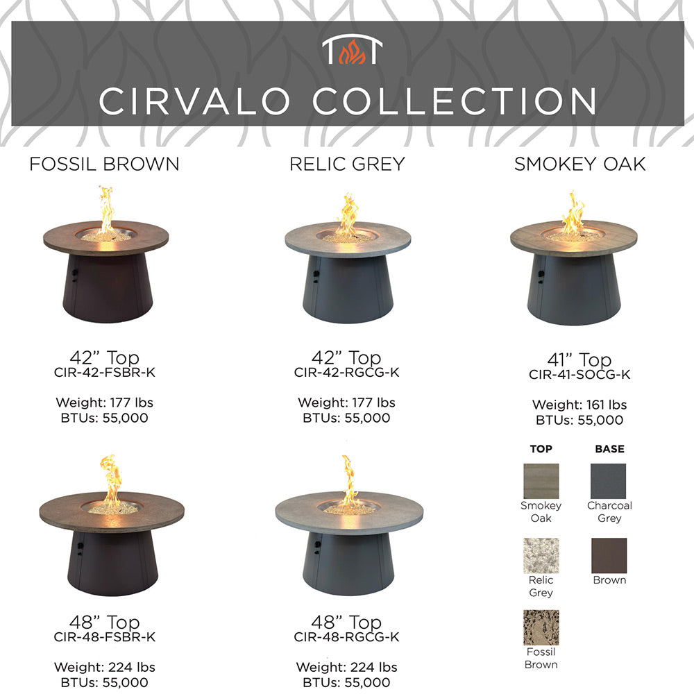 Gas fire pit table collection showing three round tabletop colors