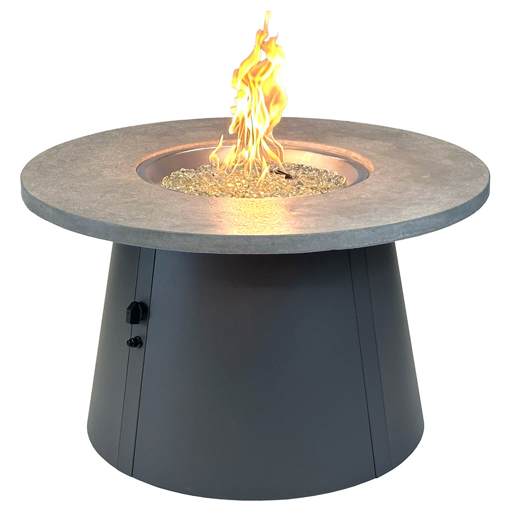 Round gas fire pit table with circular burner and burning flames