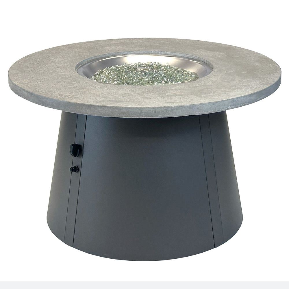 Round gas fire pit table with circular burner pan and no flame