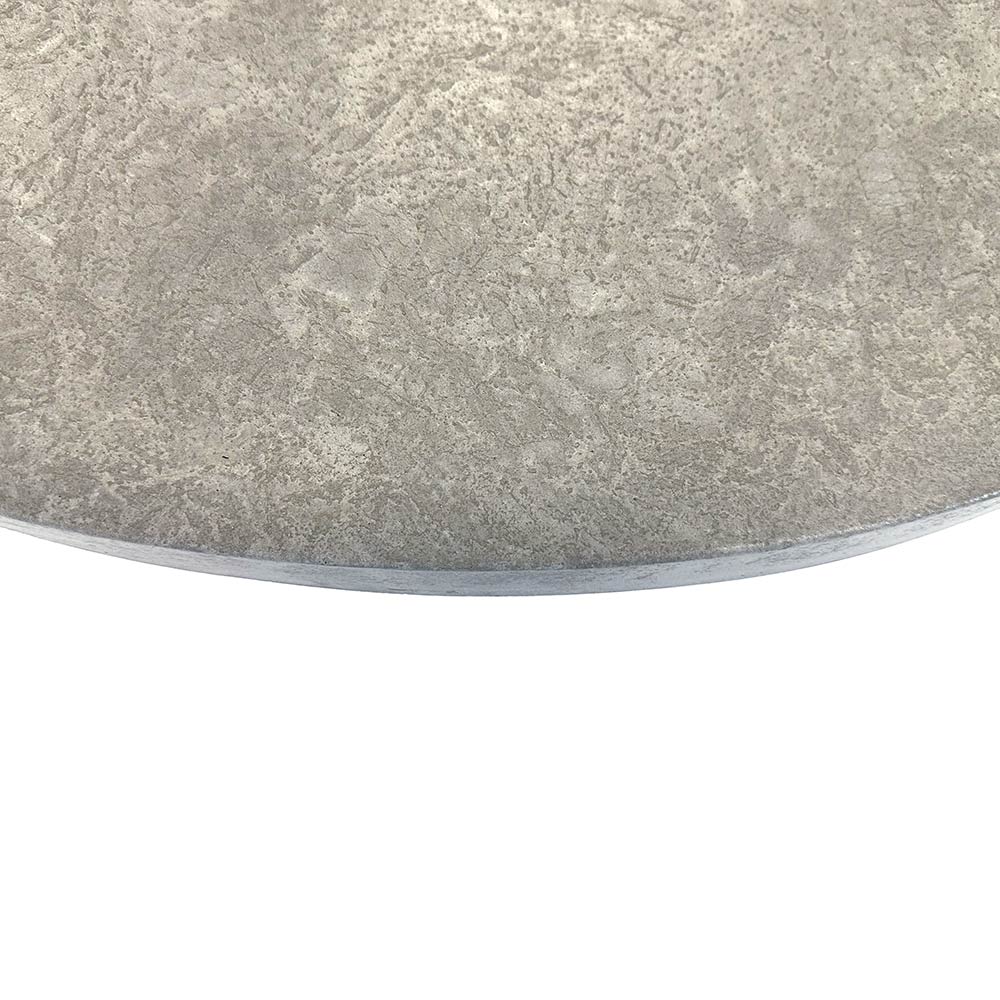 Round fire pit table stone top, textured light grey surface