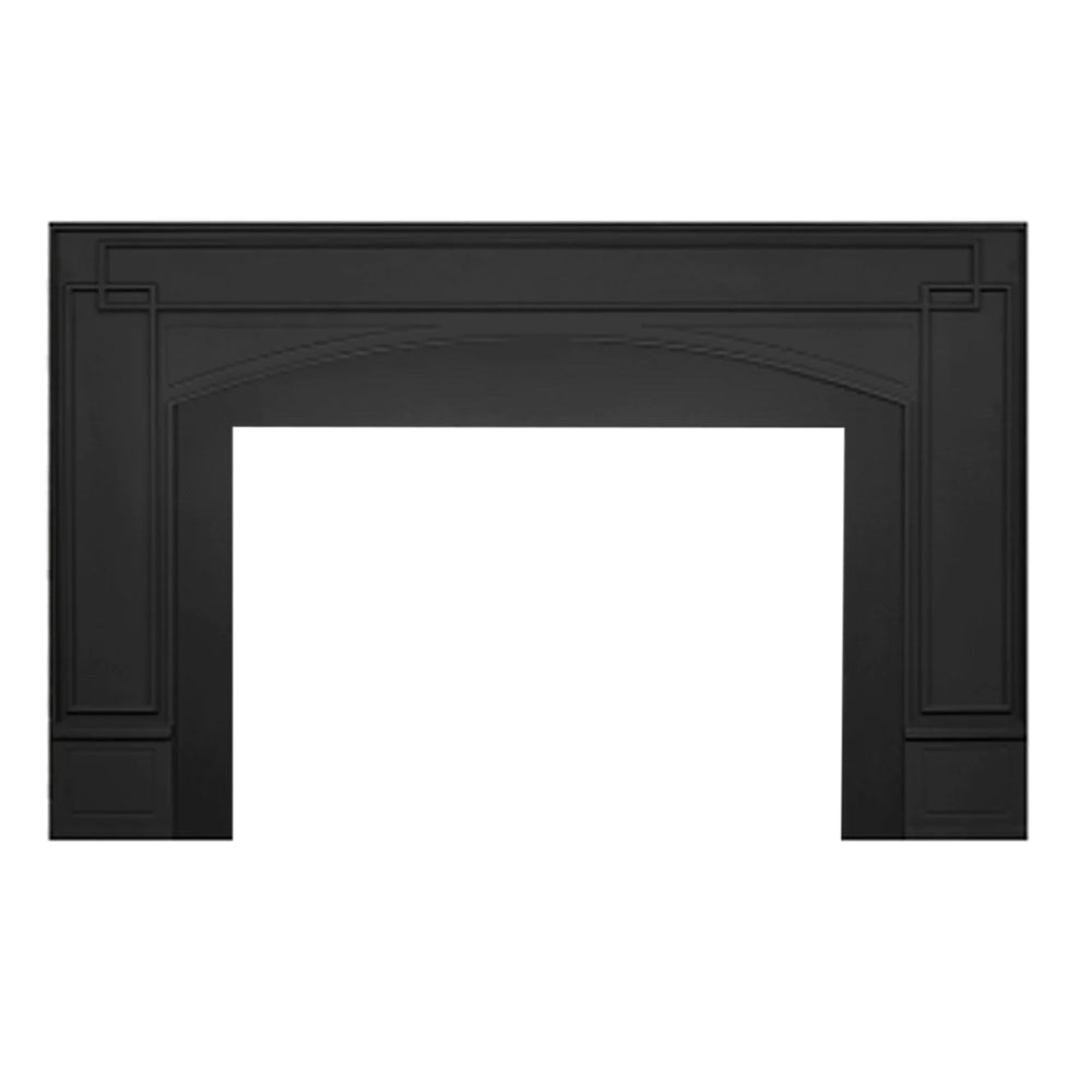 Black cast iron fireplace gas insert surround with arched opening and panel trim