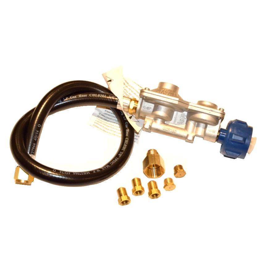 LP conversion kit with regulator, brass fittings, and black gas hose