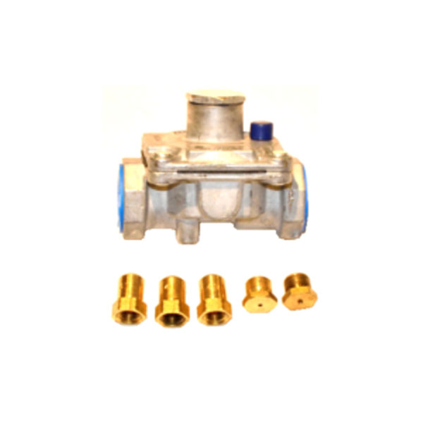 Gas conversion kit with metal valve body, blue part, and brass fittings