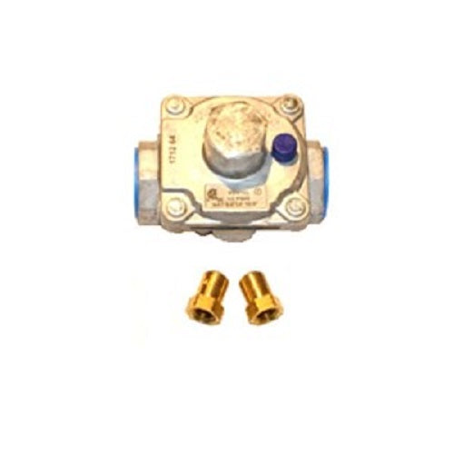 Gas conversion valve with blue port and two brass fittings