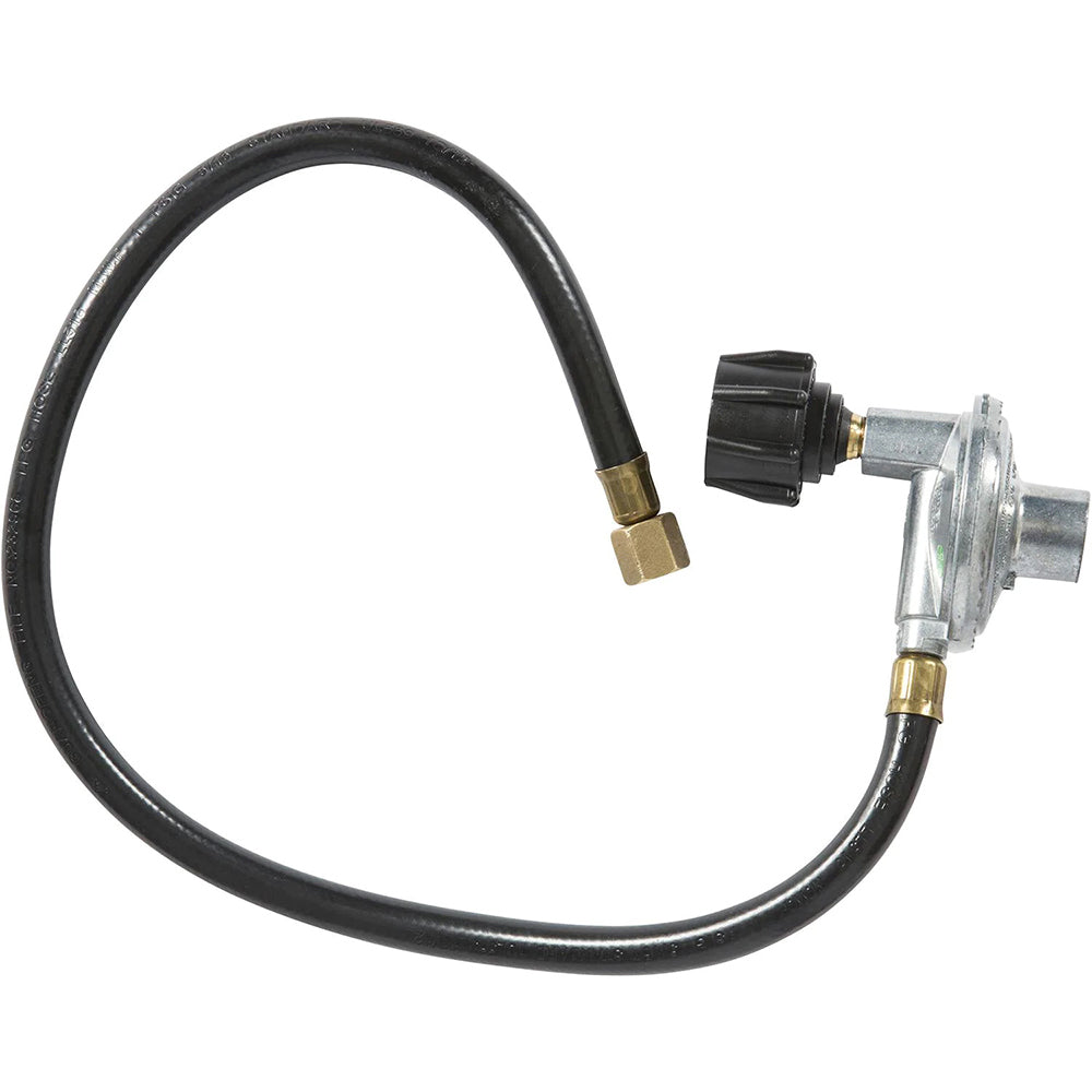 Coyote propane regulator with hose, black rubber hose and brass fittings with metal connection
