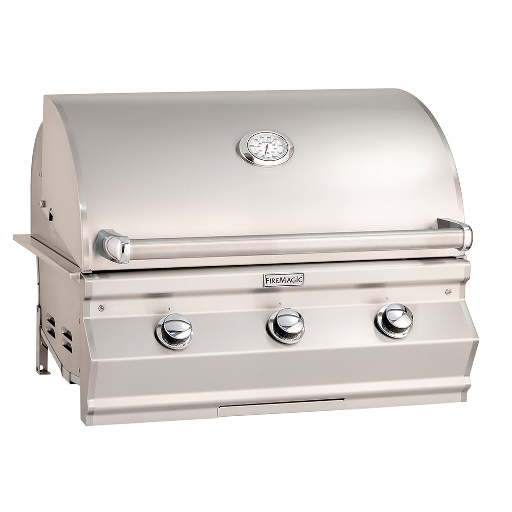 30-inch built-in gas grill with stainless steel hood, side controls, and thermometer