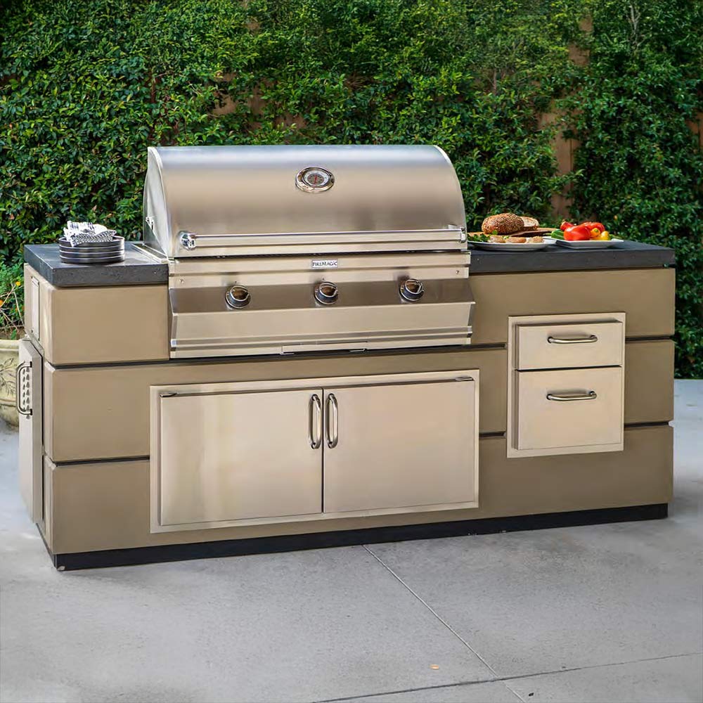 Stainless steel built-in gas grill with cabinet doors and side storage drawers