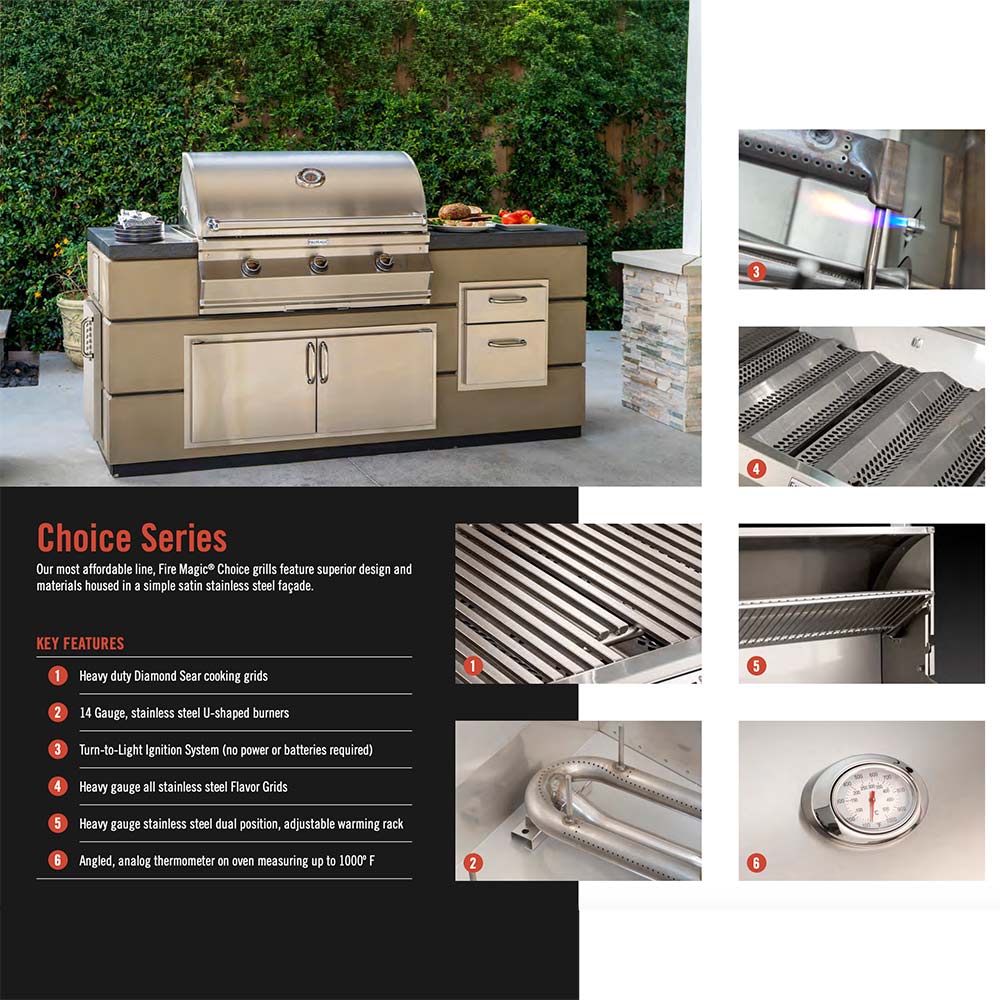 Stainless steel built-in gas grill with cabinet doors and side drawers