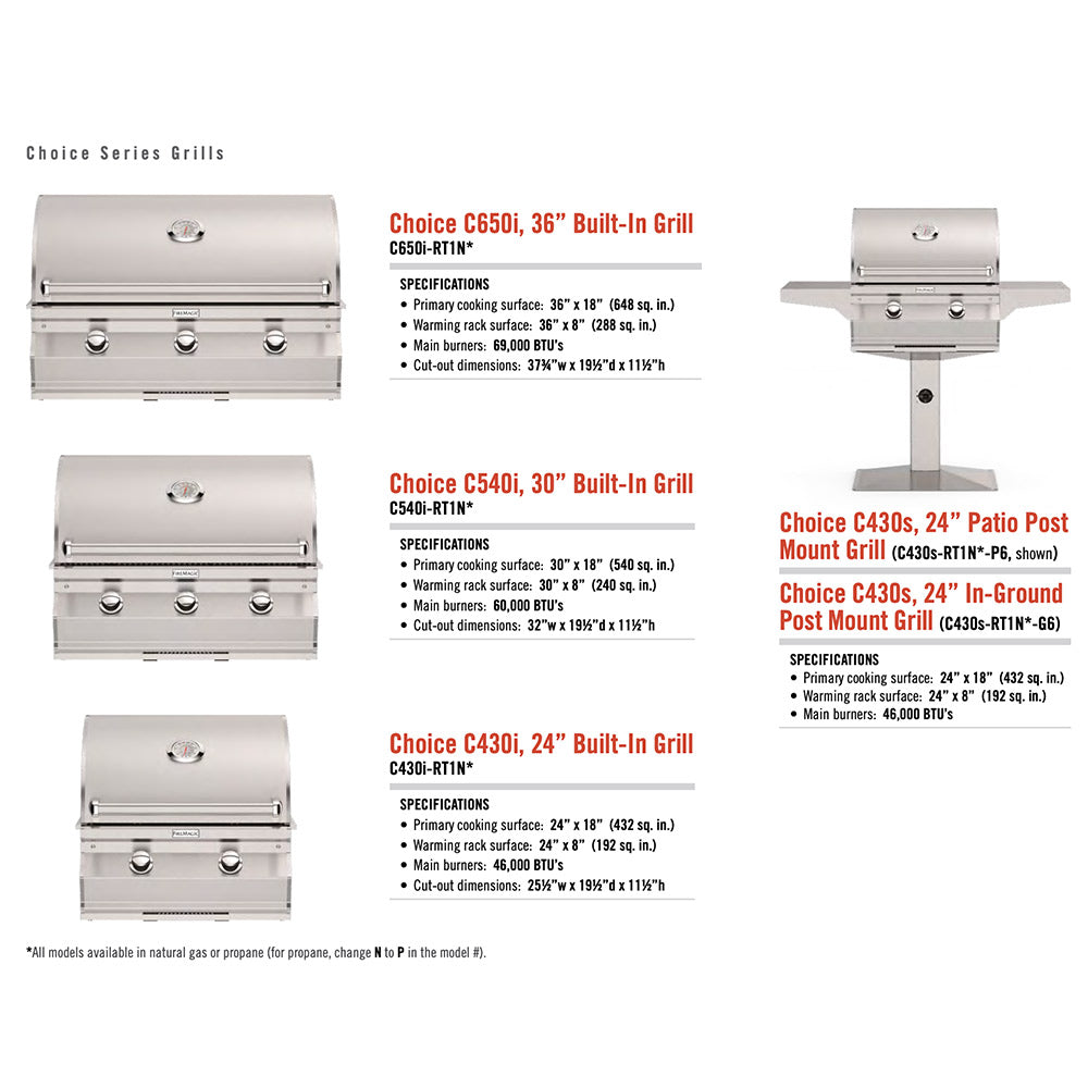 Stainless steel built-in grill lineup diagram with control panels and cooking grates