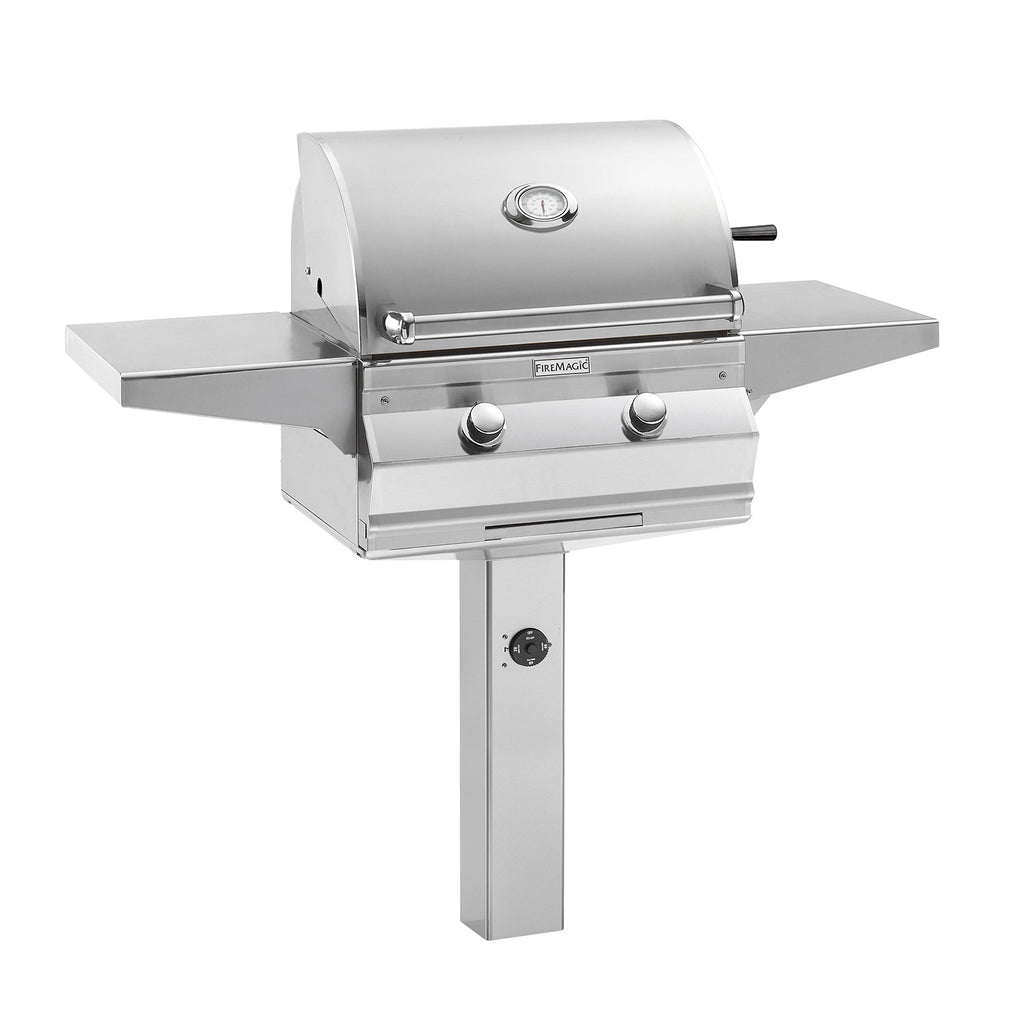 24-inch stainless steel gas grill with hood, front control knobs, and side shelf