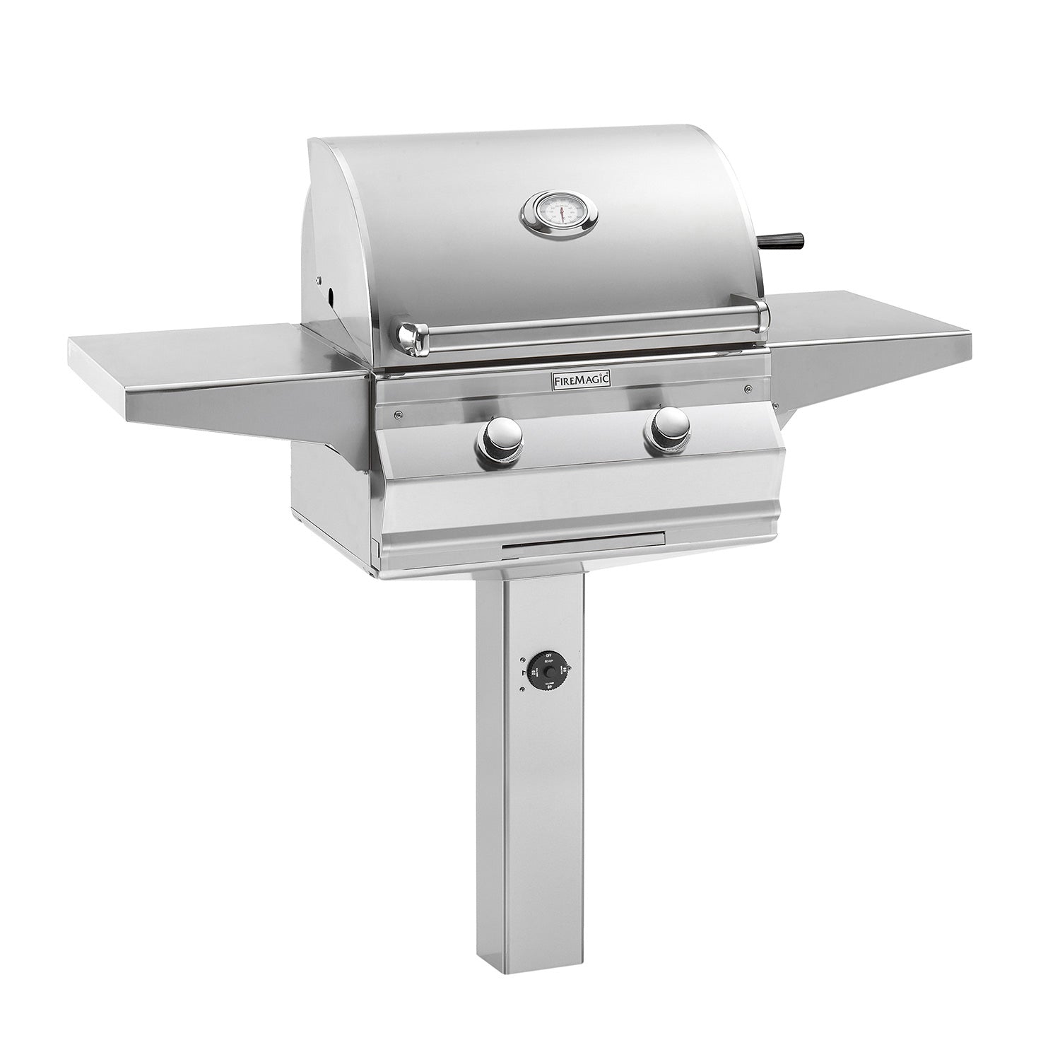 24-inch stainless steel gas grill with hood, front control knobs, and side shelf