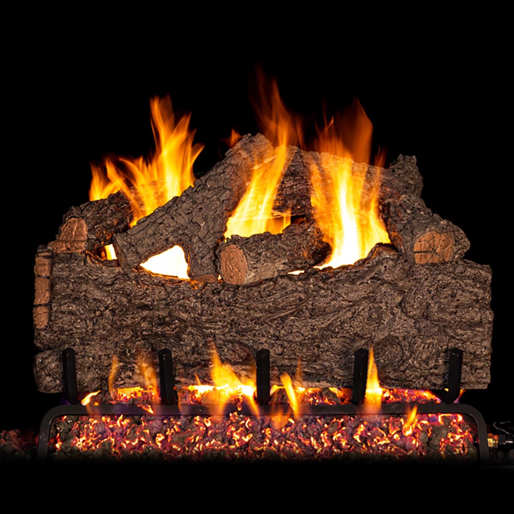 Vented gas log set with burning flames and charred split logs
