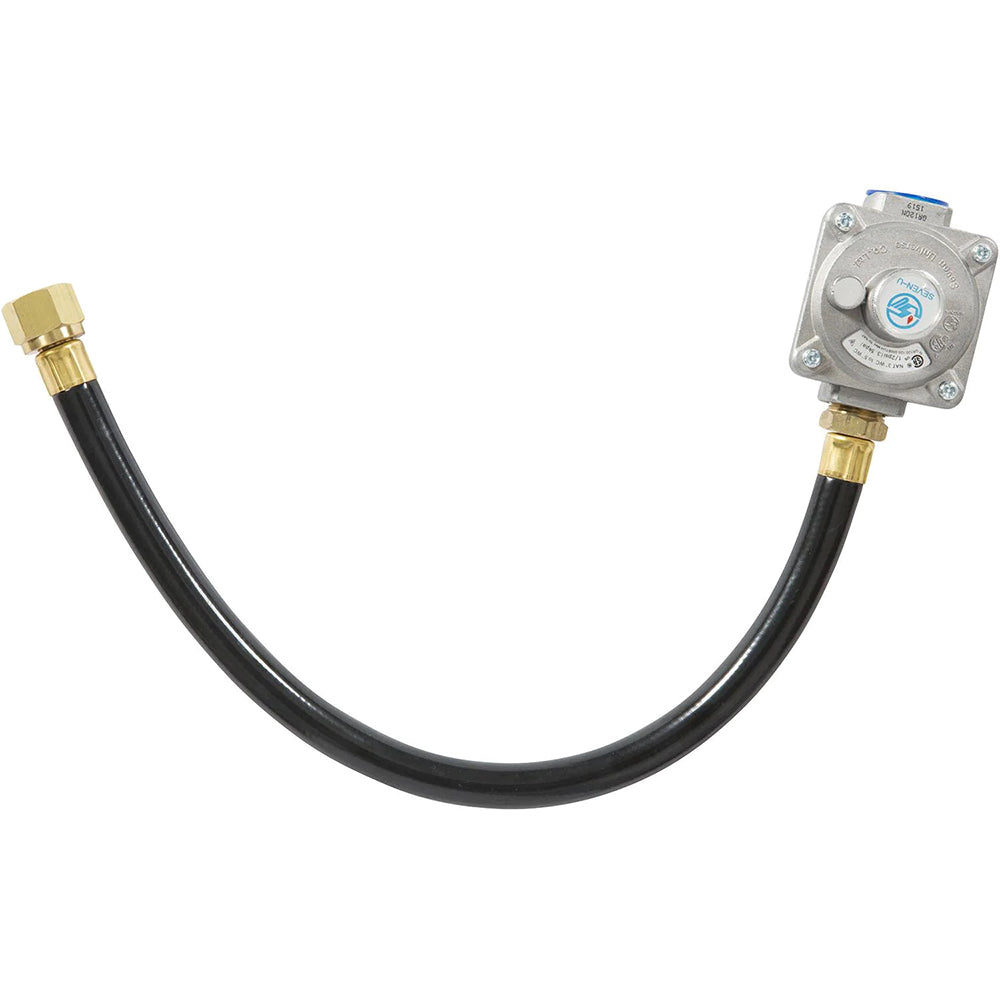 Coyote natural gas regulator hose assembly with black hose and brass fittings