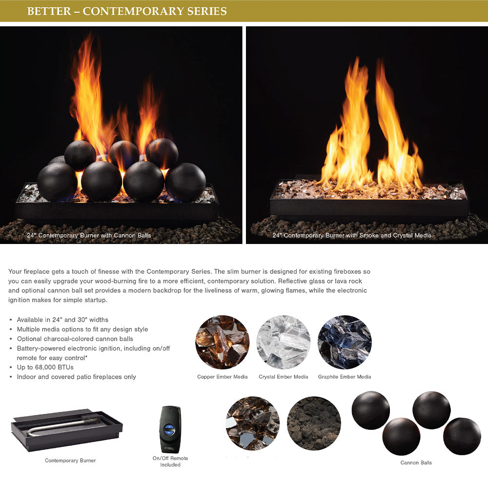 Contemporary vented gas burner with cannonball media and tall flames, two views