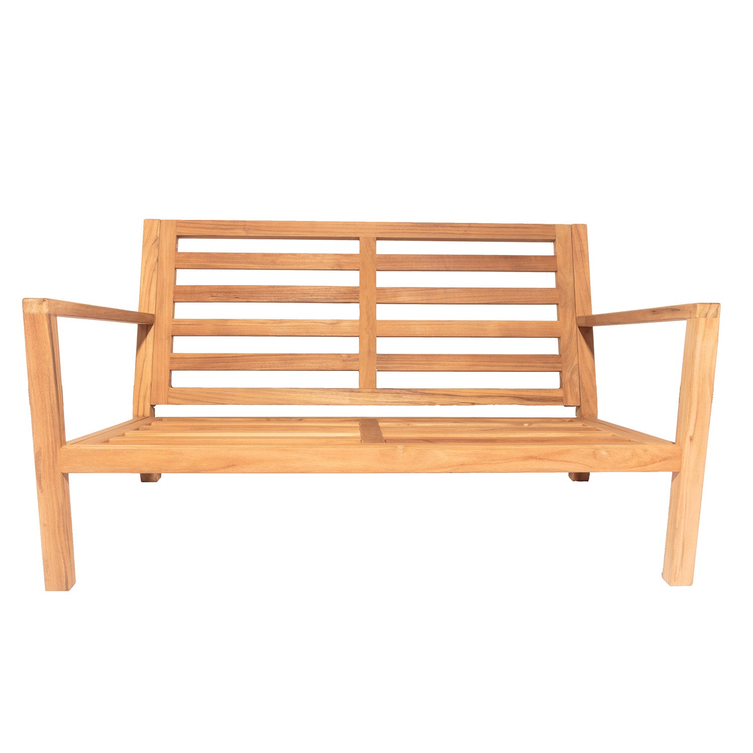 Teak loveseat frame with slatted back and arms, coastal deep seating design